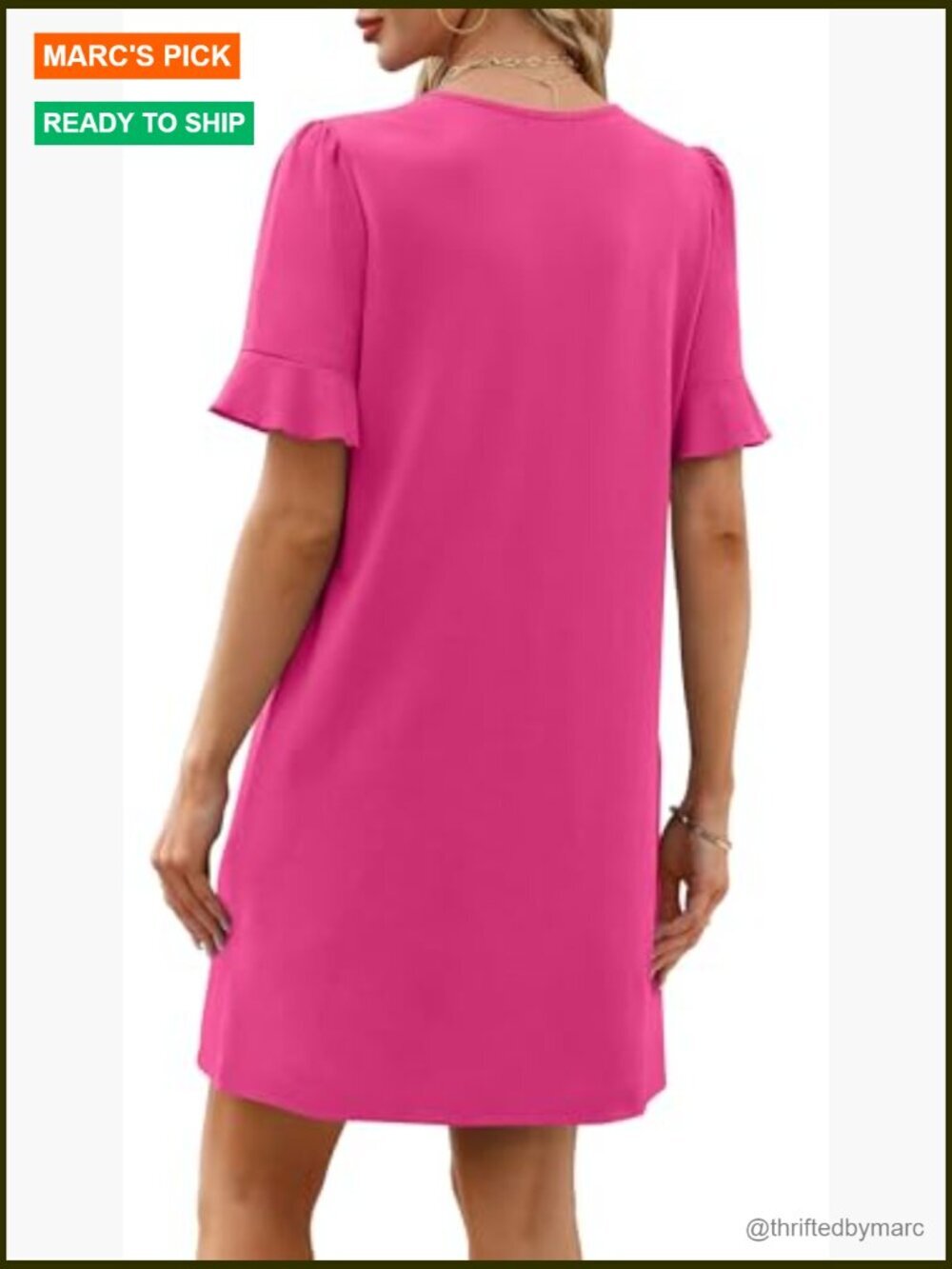 Ruffle Short Sleeve V Neck Shift Dress with Pockets - Picture 5 of 7